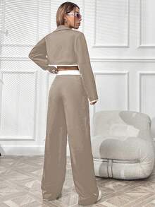 SHEIN Unity Của phụ nữ Tương phản Cổ bẻ Áo vest Và Mẫu chữ Dây thắt lưng Quần ống rộng Bộ đồ - Màu be - Xem 2