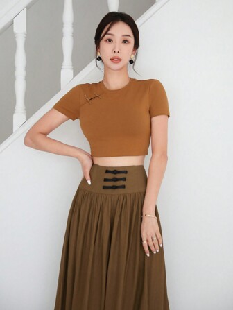 EastFlair 女士新款中式蟾蜍紐短袖t恤