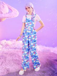 ROMWE X Care Bears 可愛的雲＆熊圖形緊身全印花情況萬能褲 - 藍色 - 查看 5