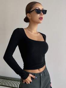 DAZY Màu thuần Thon gọn Scoop Cổ Tay áo dài Áo thun - màu đen - Xem 4