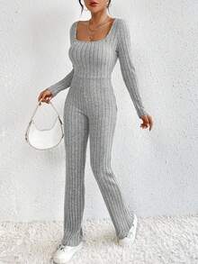 SHEIN Essnce 女士貼身連身褲,具有模擬頸部和肋骨紋路 - 灰色 - 查看 3