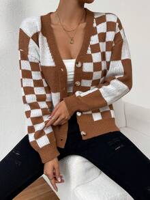 SHEIN Essnce Kẻ sọc Khối màu Nút Lên Áo len Mở - Màu be - Xem 5