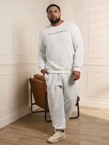 Manfinity VCAY Men's Plus Size Letter Embroidery Texture Sweatshirt And Sweatpants Knit Casual 2pcs/set - White - View 4