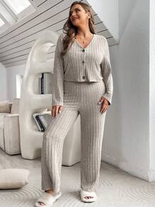 SHEIN Essnce 女士加大號灰色v領長袖褲子兩件套裝 - 杏色 - 查看 1