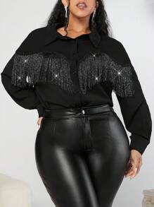 SHEIN CURVE+ 女士加大號碼上衣,配流蘇裝飾 - 黑色 - 查看 3