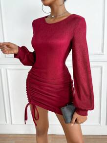 SHEIN Privé Của phụ nữ Vòng cổ Màu thuần Xếp li Dây rút Đầm - Màu Đỏ Sâu - Xem 1