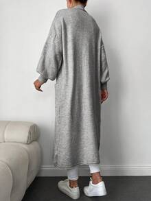 EURMUSE Dual Pocket Drop Shoulder Open Front Longline Duster Cardigan - Grey - View 2