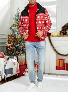 Manfinity VCAY Loose Fit Men's Christmas Print Zip Up Padded Coat, For Fall Winter - Multicolor - View 3