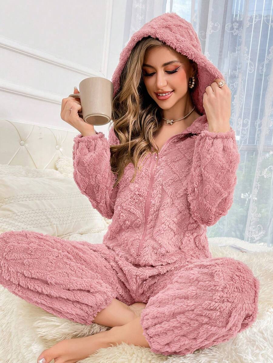 Zipper Hooded Teddy Sleepwear Jumpsuit - Pink - View 1