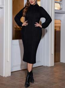 SHEIN Clasi 女款大尺碼純色立領羅紋條紋緊身連身裙 - 黑色 - 查看 4