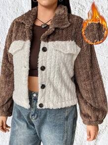 Flirla Plus Size Color Block Teddy Fleece Jacket - Multicolor - View 1