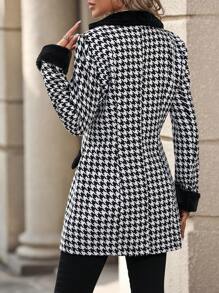 SHEIN Clasi Houndstooth Plush Splice Woolen Coat Fall Cloth For Women - Black - View 2