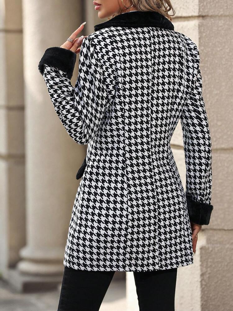 Houndstooth Plush Splice Woolen Coat Fall Cloth For Women