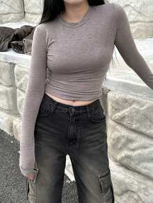 DAZY 女款長袖百褶 T 卹 - 卡其色 - 查看 4