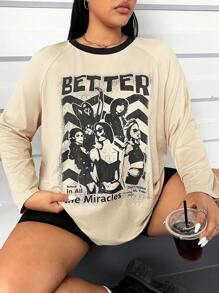 Flirla 印有肖像畫的加大尺寸t卹 - 卡其色 - 查看 3