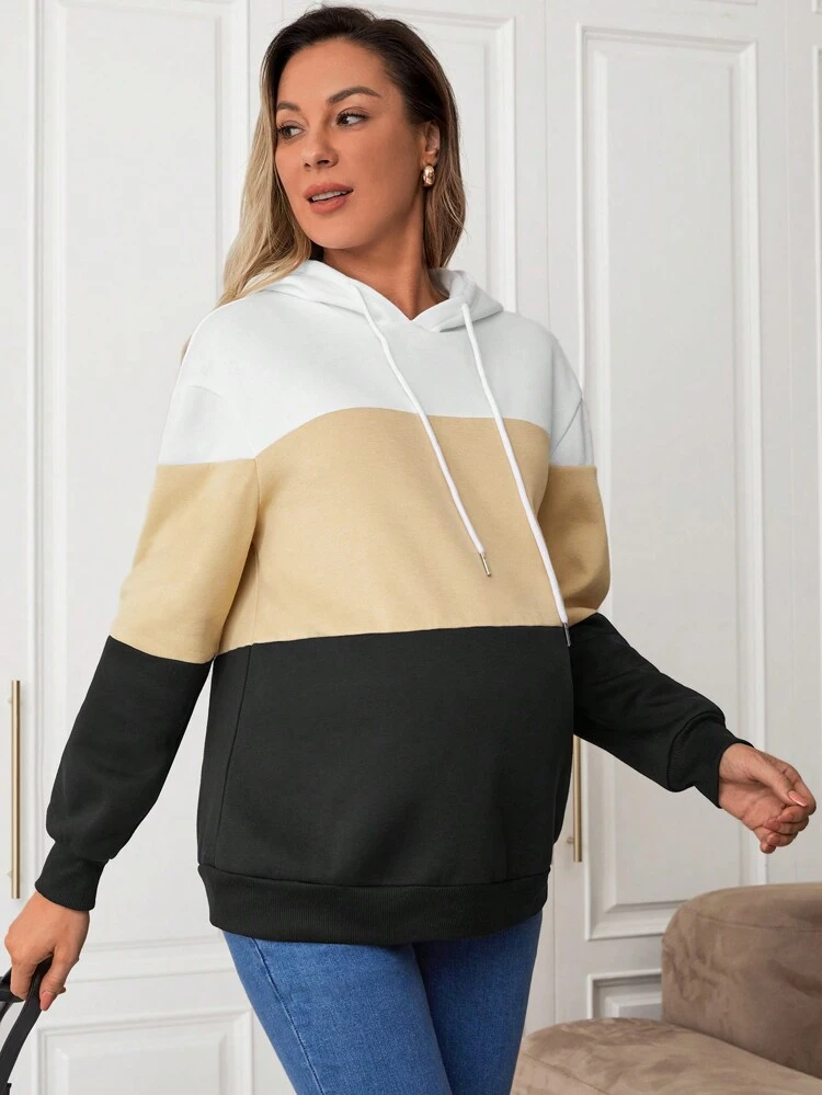 Colorblock Maternity Hooded Long Sleeve Sports Shirt, For Winter