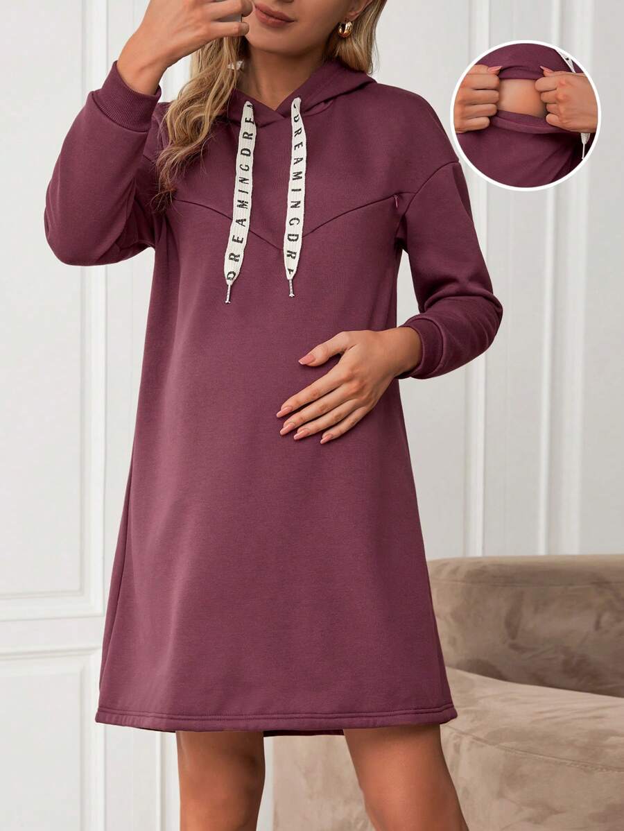 SHEIN Thai sản Điều dưỡng Dây rút áo có mũ Dây kéo Đầm - Màu Đỏ Sâu - Xem 1