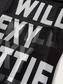 SHEIN ICON 圓綴邊標語網狀覆蓋修身連身裙 - 黑色 - 查看 5