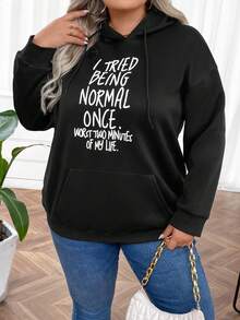 SHEIN CURVE+ 加大码标语图案袋鼠口袋落肩抽绳卫衣保暖 - 黑色 - 查看 7