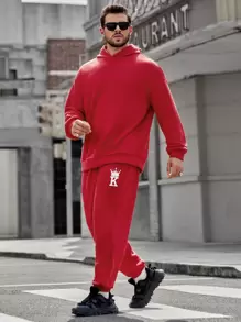 Manfinity VCAY Bộ 2 áo nỉ dệt kim họa tiết vương miện cỡ lớn dành cho nam và quần nỉ thường ngày, dành cho mùa thu đông - Đỏ - Xem 5