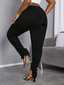 Maweii Của phụ nữ Kích thước lớn Màu thuần Xếp li Viền chia cắt Xà cạp - màu đen - Xem 2