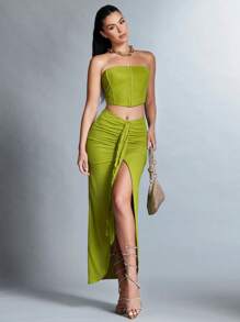 SHEIN BAE Conjunto De Top De Tubo Y Falda Con Dobladillo De Volantes Plisados Para Mujer - Verde - Ver 4
