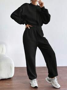 SHEIN Essnce Women's Round Neck Drop Shoulder Sweatshirt And Joggers Set - Black - View 4