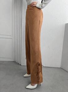 SHEINNeu Women's Solid Color Wide Leg Pants With Crossed Tie Hem - Khaki - View 4