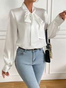 Chiquease Camisa de manga larga con cuello de corbata para mujeres para ropa de fiesta de vacaciones - Blanco - Ver 4
