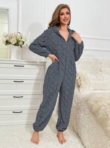 Women's Solid Color Hooded Furry Pajamas - Grey - View 4