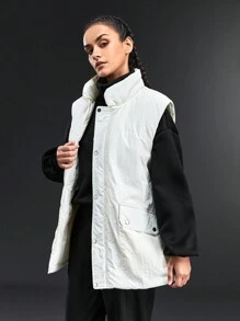 In My Nature Flip-pocket Stand Collar Vest Outdoor Jacket - White - View 3