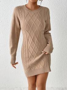 SHEIN Essnce Linh hoạt Giải trí Áo len dệt kim Đầm Với Hoa văn kết cấu - Màu Khaki - Xem 3