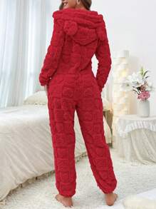 Women's Plush 3d Ear Detail Hooded Lounge Jumpsuit For Home Wear, Fluffy, Winter, Cozy