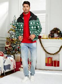 Manfinity VCAY Veste casual matelassée en tricot à imprimé sapin de Noël, coupe ample pour homme