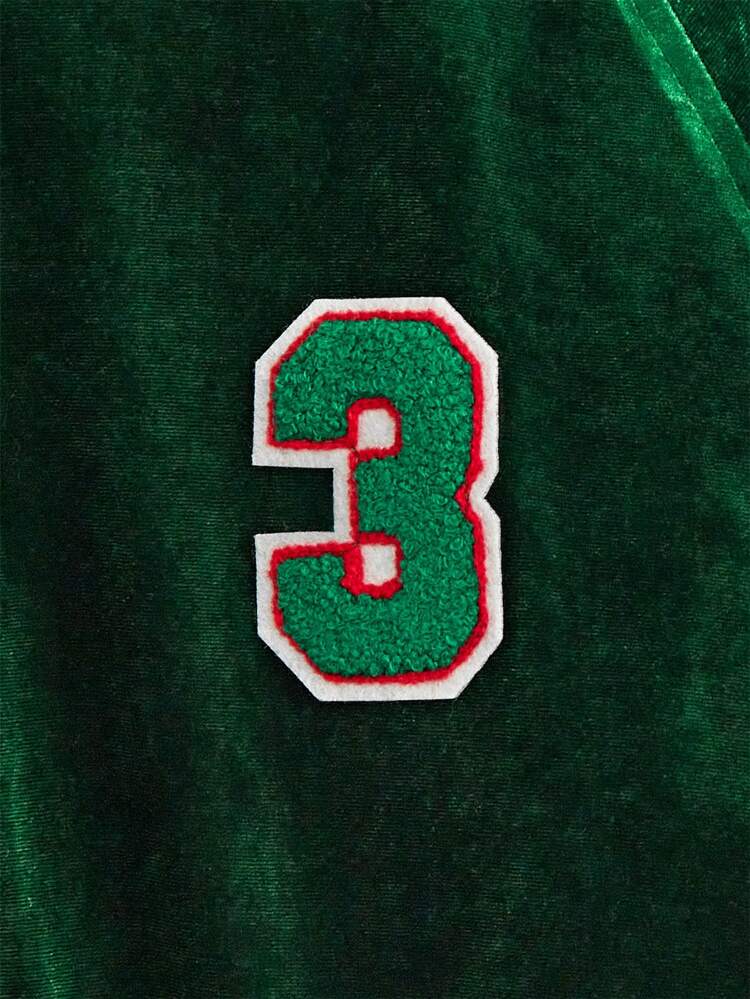 Men's Loose Fit Velvet Raglan Sleeve Bomber Coat With Letter Patch, Winter (Without Hood)