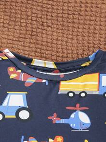 SHEIN 年輕男孩可愛舒適的卡通印花長袖長褲家居套裝 - 黑色 - 查看 5