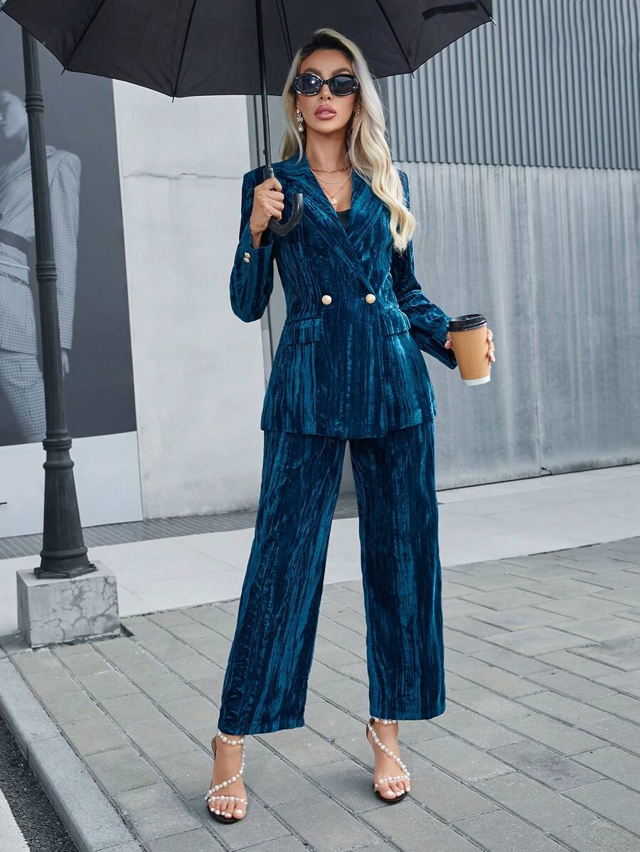 SHEIN Privé Women's Velvet Suit Set With Long Sleeves - Navy Blue - View 1