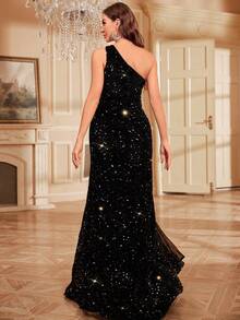 Vintage Sequin Shiny One Shoulder Cut Out Split Thigh Formal Party Dress - Black - View 6
