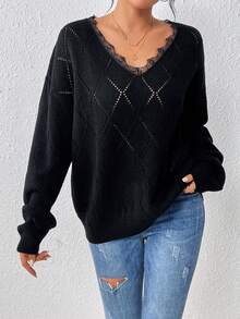 SHEIN Privé Của phụ nữ Vá lại Ren Áo len Áo chui đầu - màu đen - Xem 3