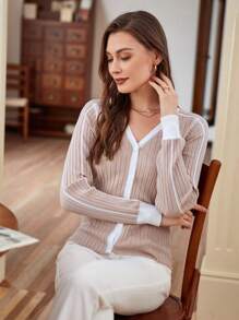 Chiquease Áo len cardigan dệt kim màu khối có viền gân - Nhiều màu - Xem 5