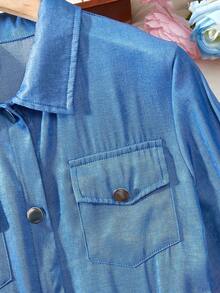 青少年女孩长袖牛仔效果印花腰带装饰休闲连衣裙