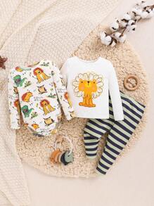 SHEIN Langarm-hauskleidungsset Für Kleinkinder, Unisex, Niedliches Tiermuster, 3-teilig