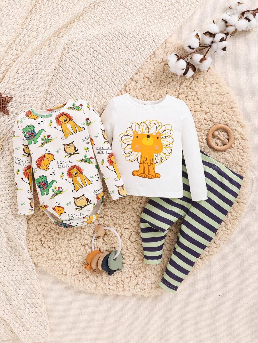 SHEIN Langarm-hauskleidungsset Für Kleinkinder, Unisex, Niedliches Tiermuster, 3-teilig