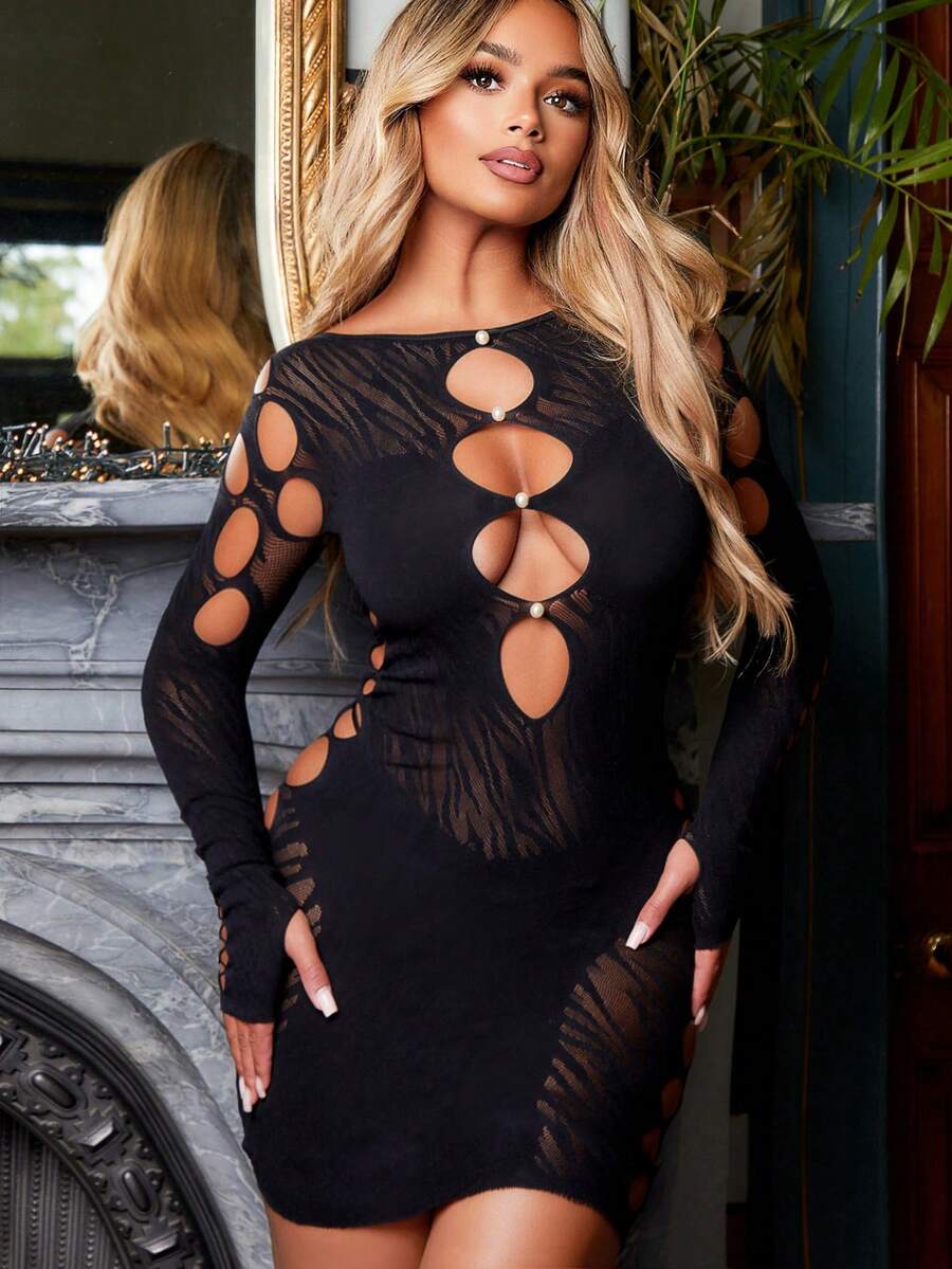 Vestido ajustado con abertura - Negro - Ver 1
