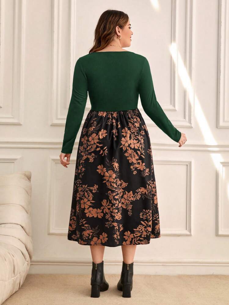 Floral Printed Plus Size Women's High Slit Dress (belt Not Included)