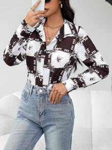 SHEIN Essnce Women's Plaid Print Button Down Collar Long Sleeve Shirt - Brown - View 3