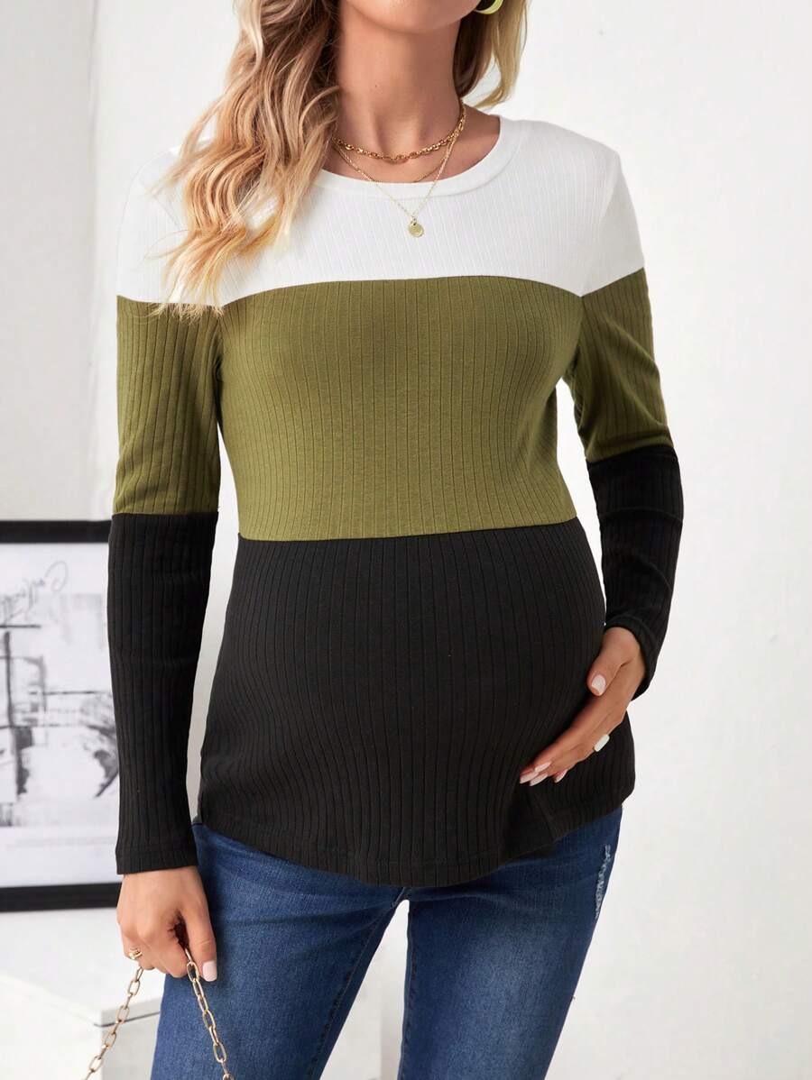 SHEIN Maternity Contrast Color Slim Fit T-shirt - Army Green - View 1