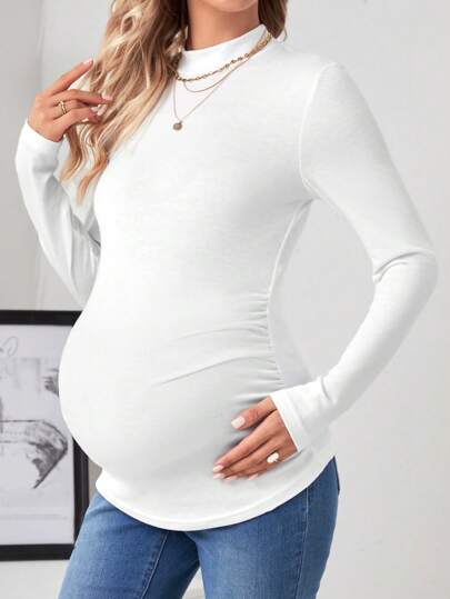 SHEIN Camiseta De Maternidad De Manga Larga En Color Sólido Con Cuello Alto