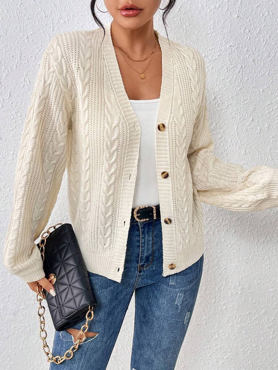 SHEIN Essnce Twist Rope Cardigan Sweater - Apricot - View 1