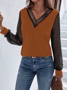 SHEIN LUNE Lace Panel V Neck Blouse - Brown - View 4
